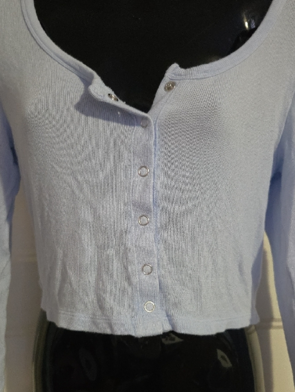 aerie Light Blue Ribbed Cropped Button-Up Top - Picture 2 of 6